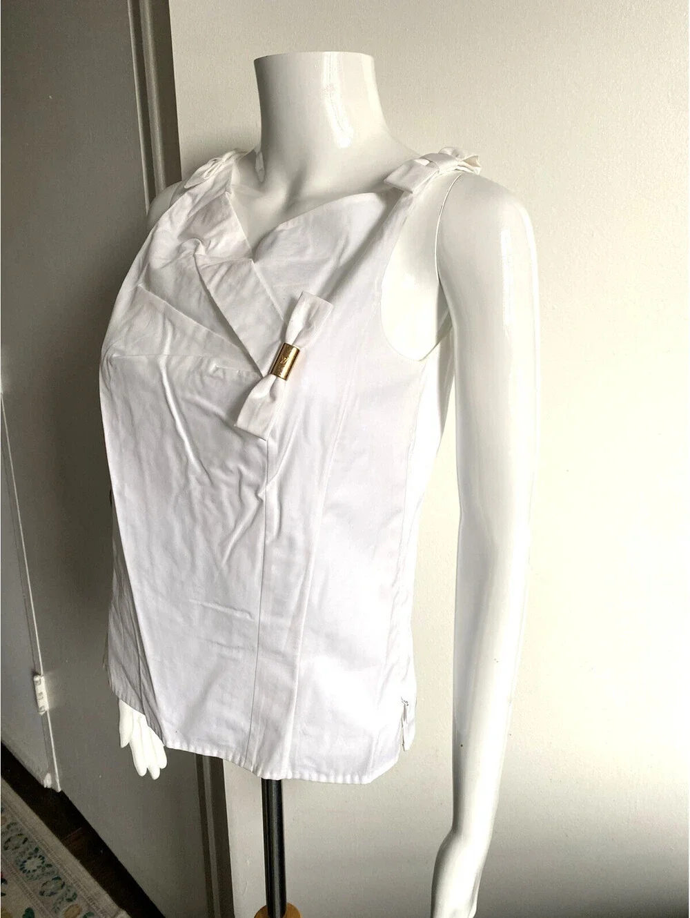 NWOT Louis Vuitton FR-34 Vintage White LV Logo Bow Cotton Top Blouse Italy